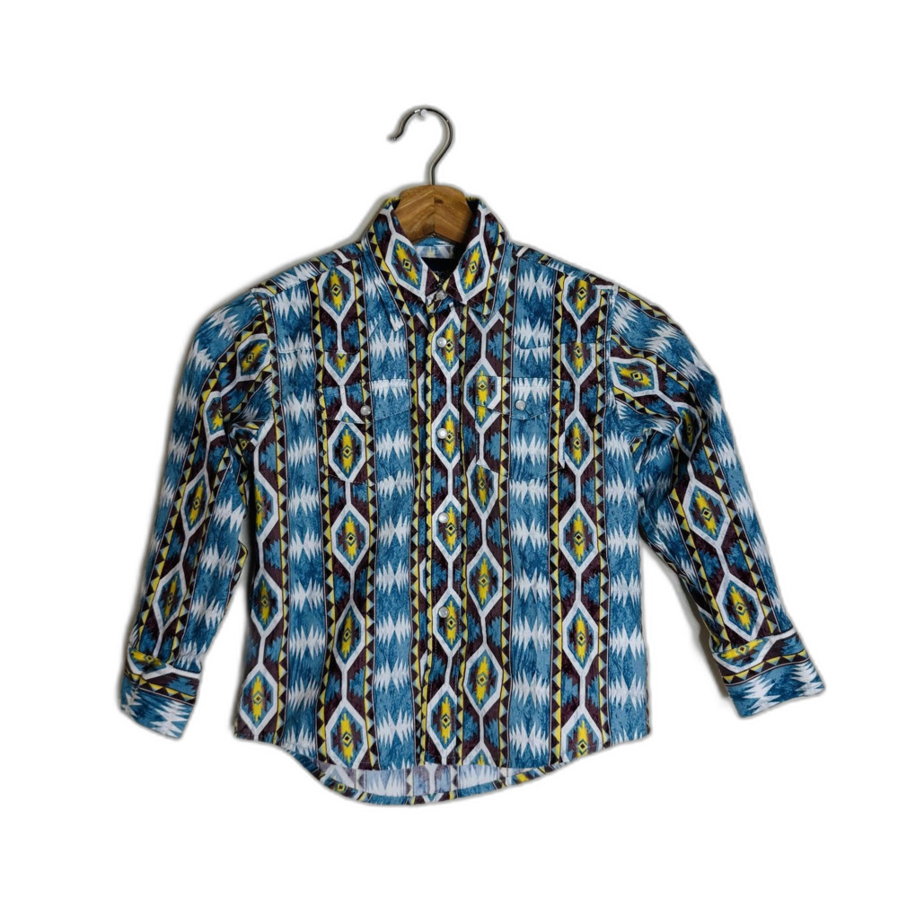 Wrangler Shirt Boys Small‎ Blue Yellow Aztec Western Pearl Snap Rodeo Southwest